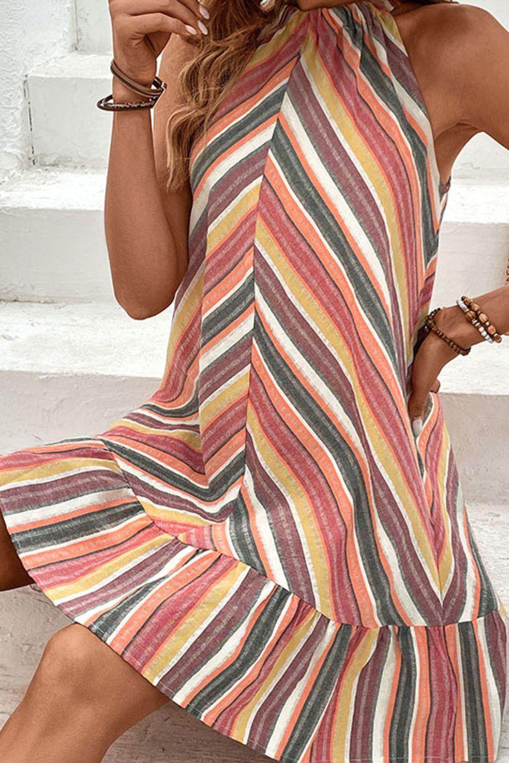 Perfee Striped Round Neck Sleeveless Mini Dress for Women