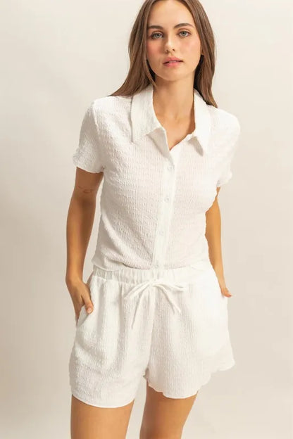 HYFVE Textured Short Sleeve Top and Drawstring Shorts Knit Set