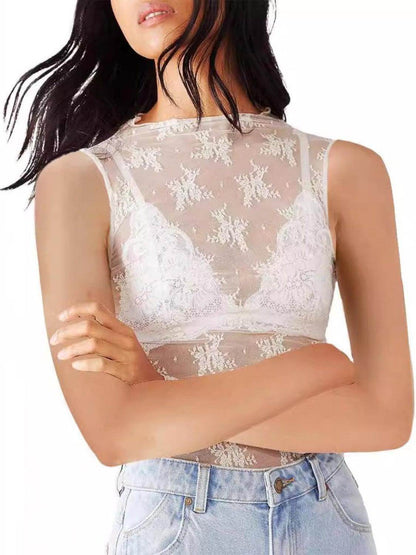 Lace Mock Neck Top for Women in Sheer Polyester Style