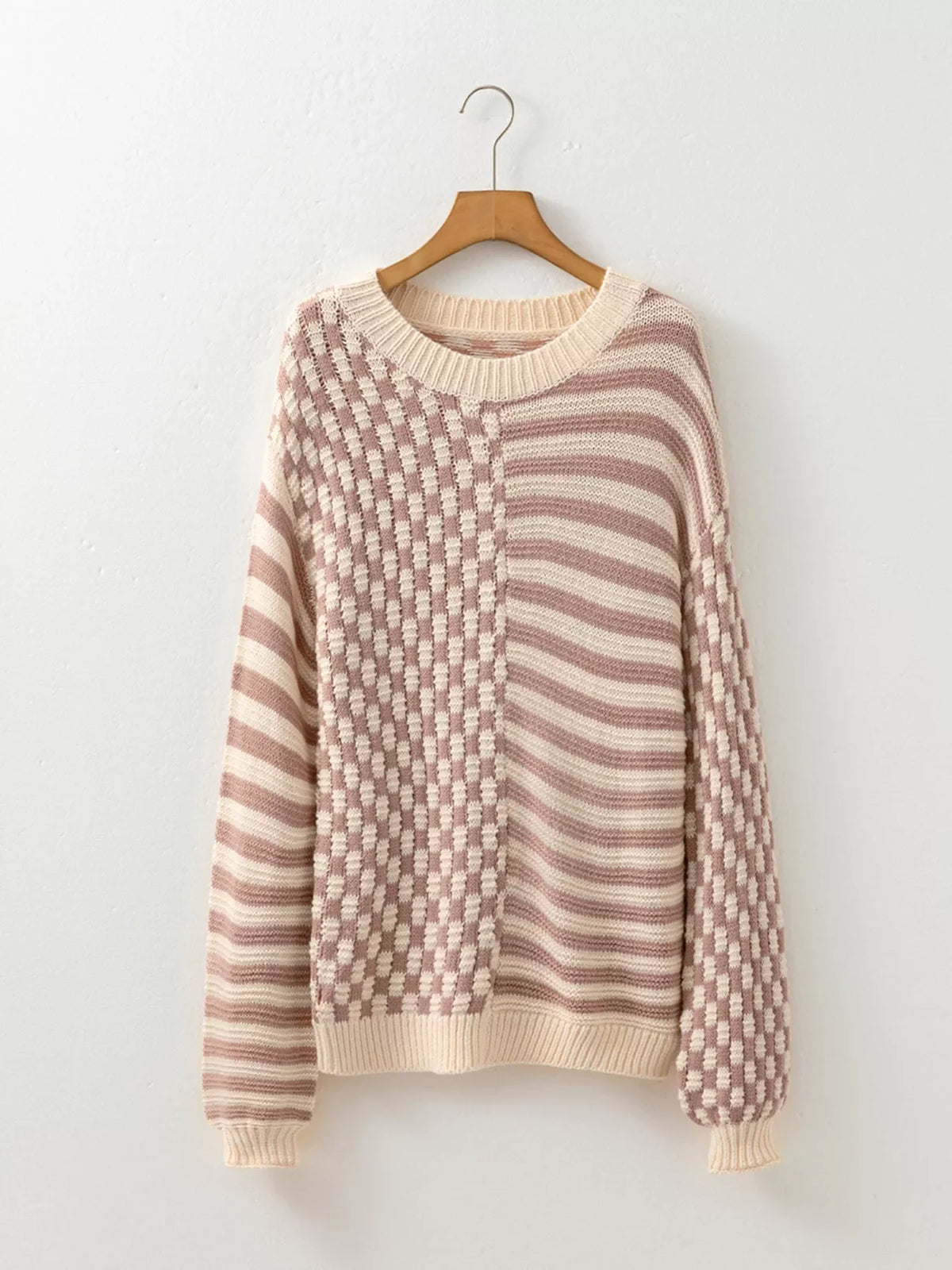 Checkerboard &amp; Striped Pattern Knit Sweater