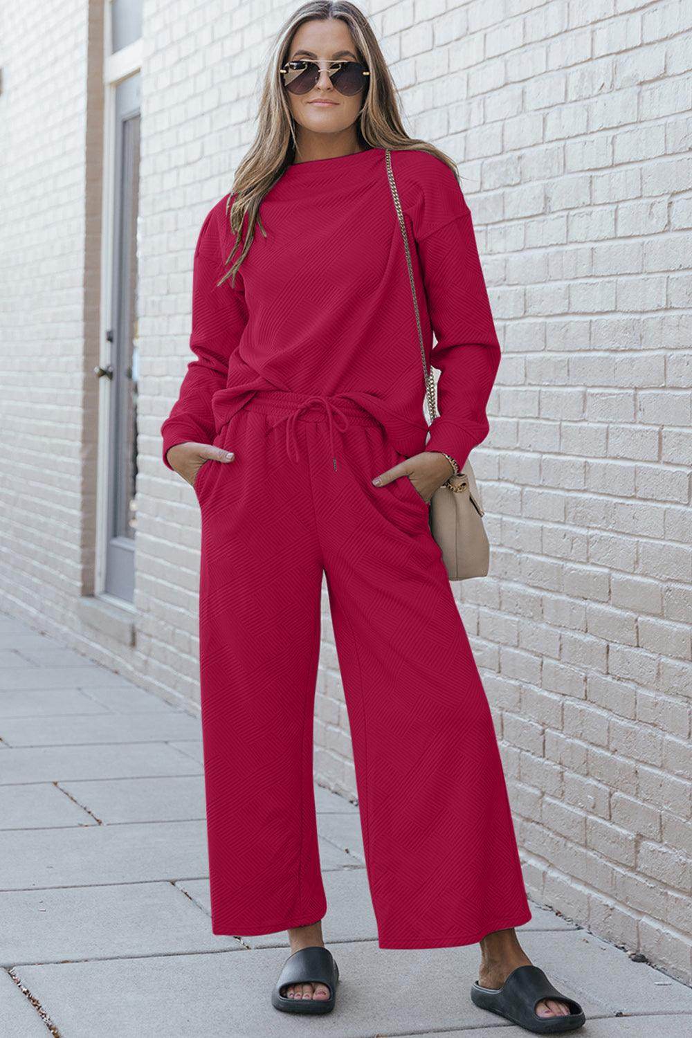 Double Take Full Size Textured Long Sleeve Top and Drawstring Pants Set for Women