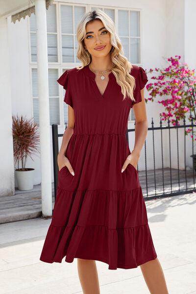 Ruched Notched Cap Sleeve Dress with Pockets and Stretch