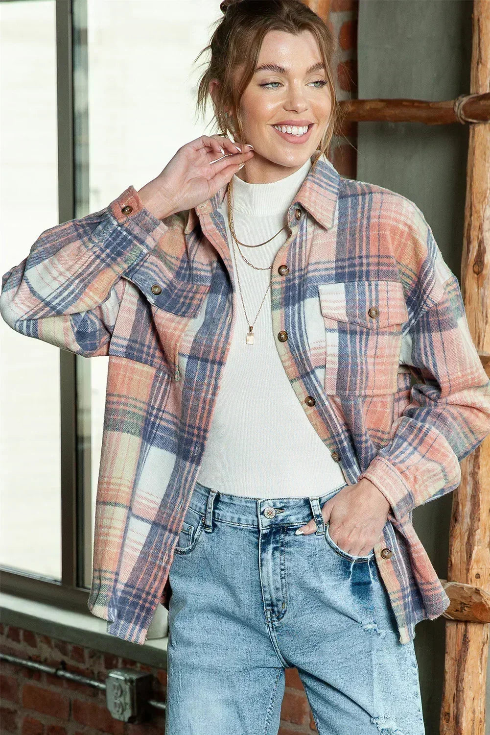 Pink &amp; Grey Button Up Plaid Flannel Shacket – Femstylo