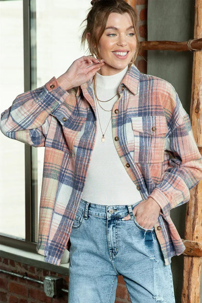Pink &amp; Grey Button Up Plaid Flannel Shacket – Femstylo