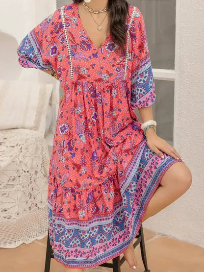Printed Puff Sleeve Midi Dress