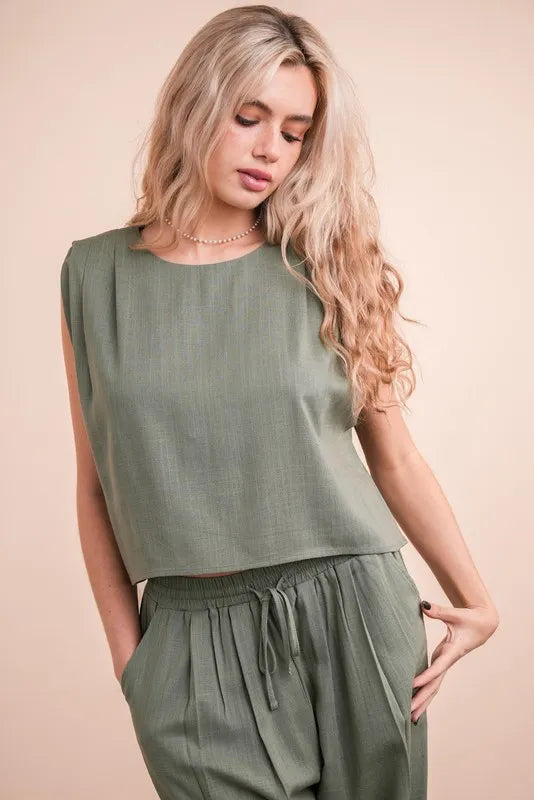 VERY J Solid Woven Top &amp; Pants Set