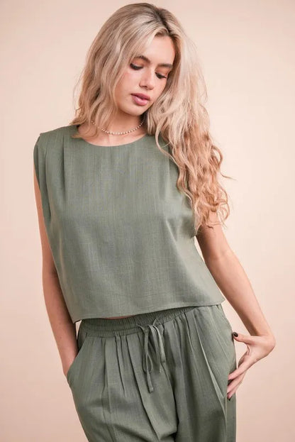 VERY J Solid Woven Top &amp; Pants Set