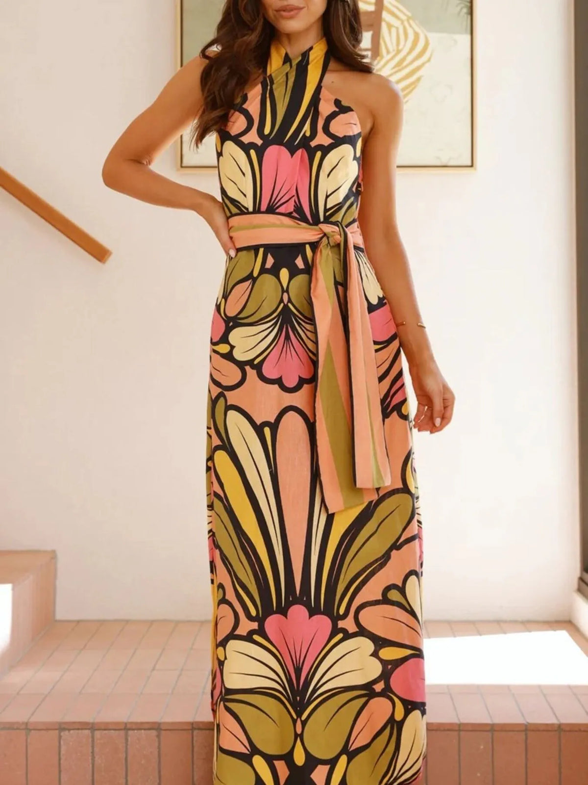 Printed Halter Neck Maxi Cami Dress