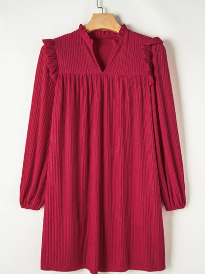 Textured Ruffled Trim Loose Fit Mini Dress