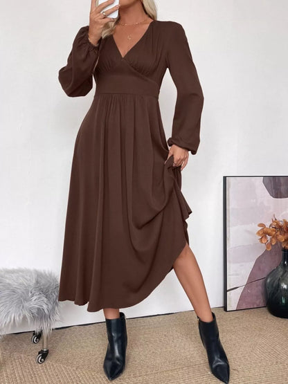 V-Neck Long Sleeve A-Line Midi Dress