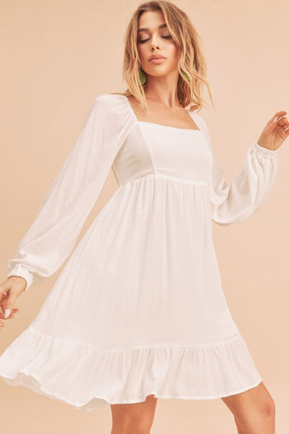 Ruffled Hem Square Neck Balloon Sleeve Mini Dress – Trendy, Feminine &amp; Fashion-Forward Dress for Stylish Occasions