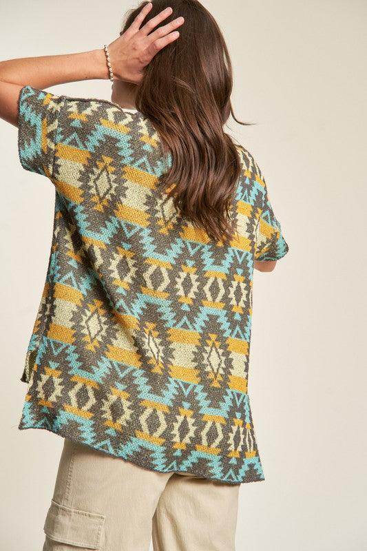 Davi &amp; Dani High-Low Geometric Round Neck Knit Top Stylish