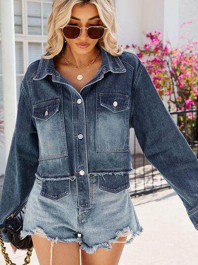 Button Up Long Sleeve Denim Jacket with Pockets for Women