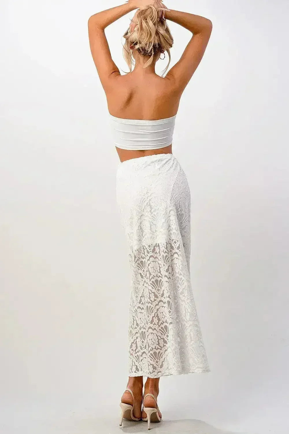 Sheer Lace Maxi Skirt - Drawstring Waist &amp; Bow | Femstylo