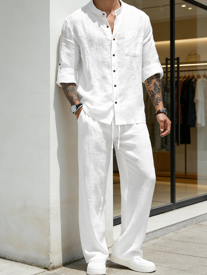 Mens Solid-Color Linen Long-Sleeve Shirt And Pants Two-Piece Set