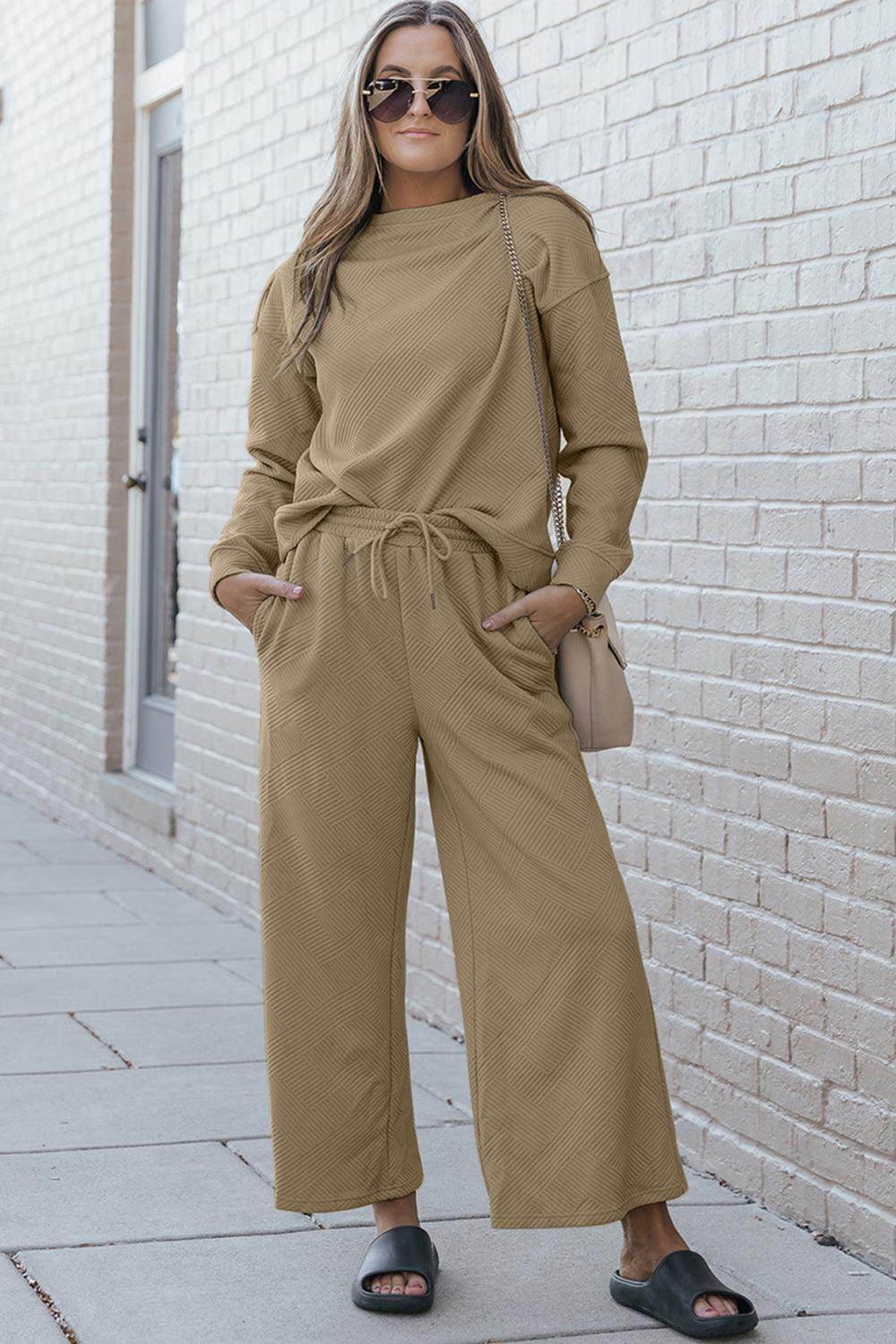 Double Take Full Size Textured Long Sleeve Top and Drawstring Pants Set for Women