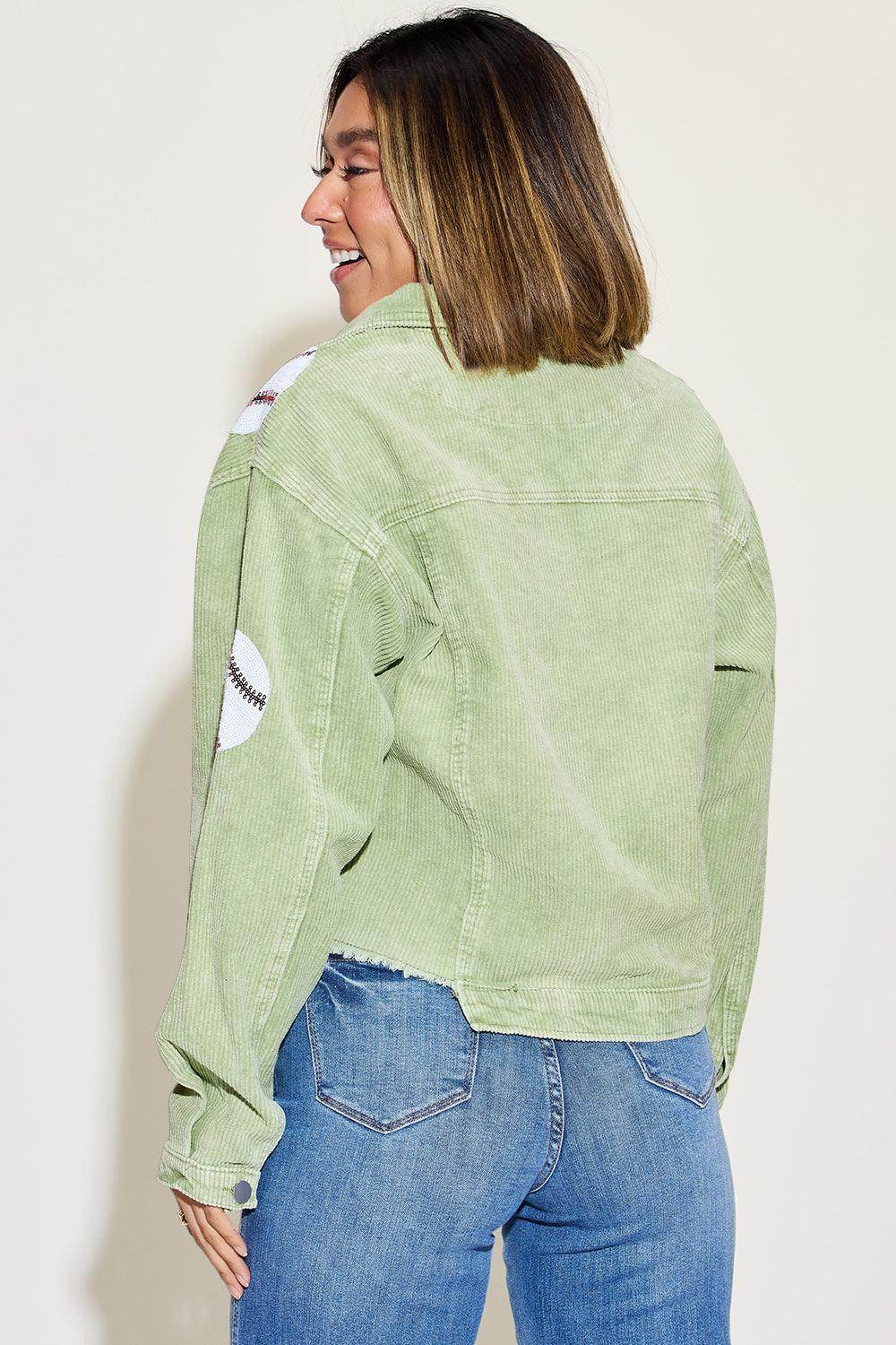Baseball Sequin Dropped Shoulder Raw Hem Jacket for Women