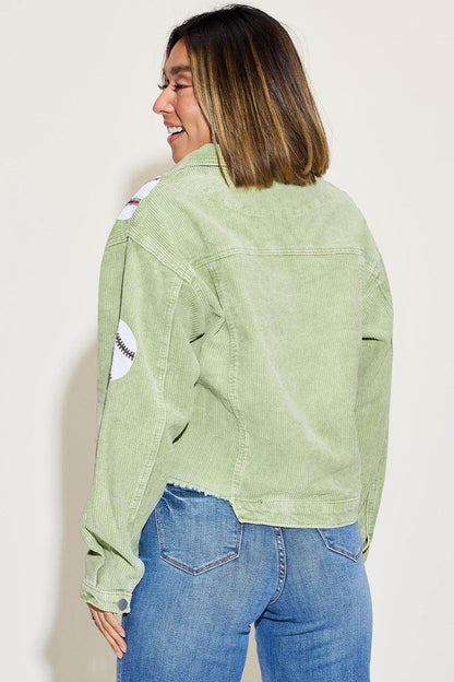 Baseball Sequin Dropped Shoulder Raw Hem Jacket for Women