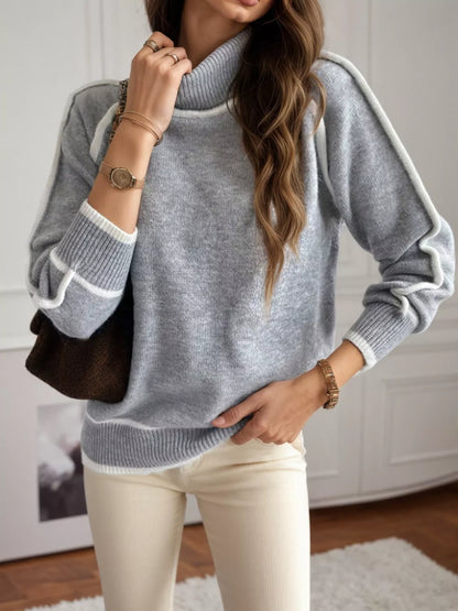 Full Size Turtleneck Contrast Trim Sweater Plus Size