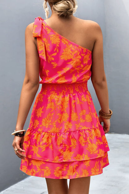 Pink Smocked Printed Single Shoulder Dress Feminine &amp; Flattering Summer Style Dresses