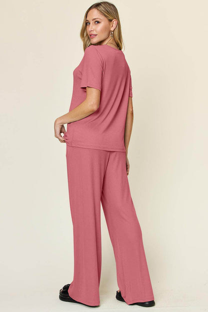 Double Take Full Size Round Neck Short Sleeve T-Shirt Set