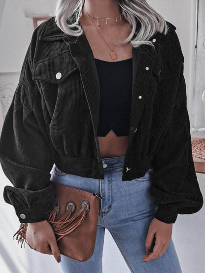 Lantern Sleeve Cropped Corduroy Jacket for Stylish Comfort