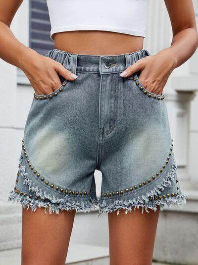 Raw Hem Studded Denim Shorts for Trendy Summer Style