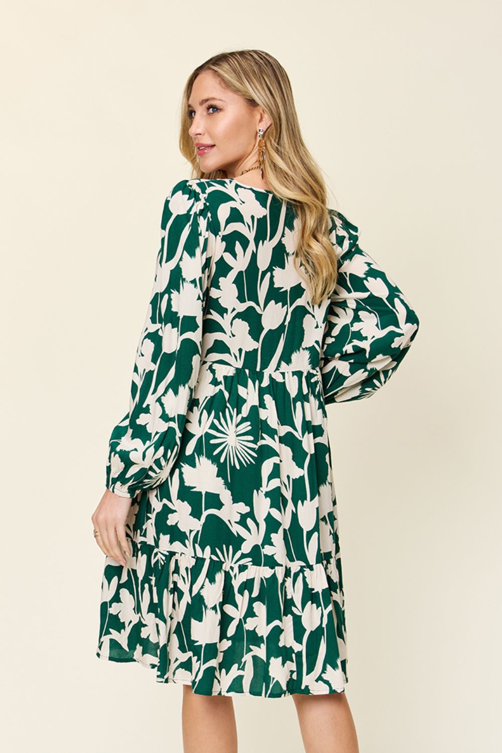 Double Take Full Size Printed Ruffle Hem Dress with Pocket Stylish &amp; Functional Women Dress