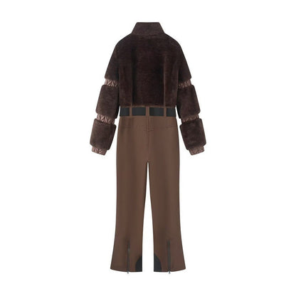 Down-filled Fur Patchwork Zip-up Thickened Fluffy Ski Jumpsuit