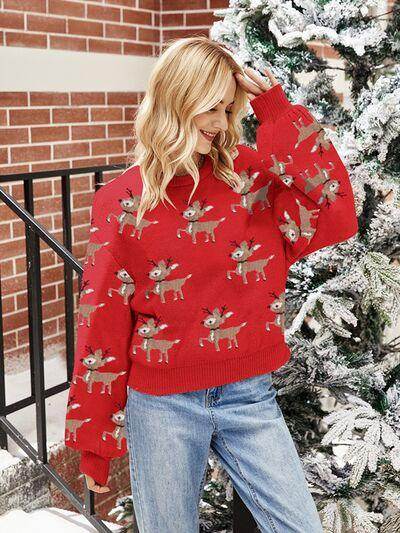 Reindeer Round Neck Long Sleeve Sweater for Women