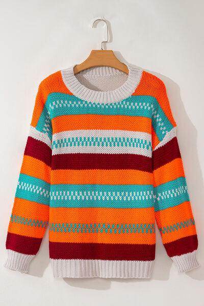 Contrast Striped Round Neck Long Sleeve Sweater for Women