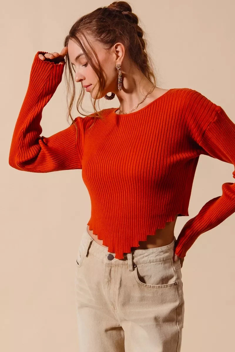 SO ME Rib Knitted Crop Sweater Top With Shaped Hem