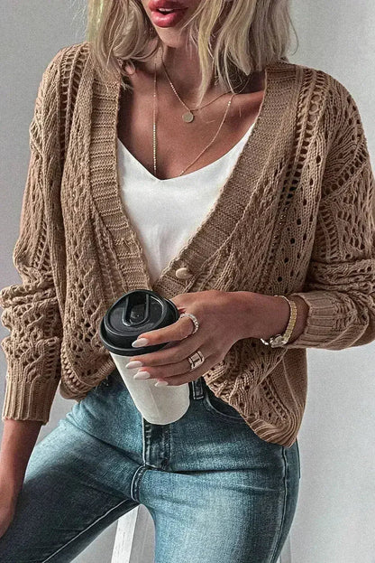 Dark Khaki Cardigan – Open Knit Drop Shoulder Sweater | Cotton-Acrylic Blend