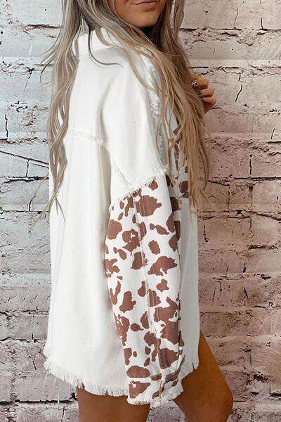 Raw Hem Animal Print Long Sleeve Denim Jacket for Women