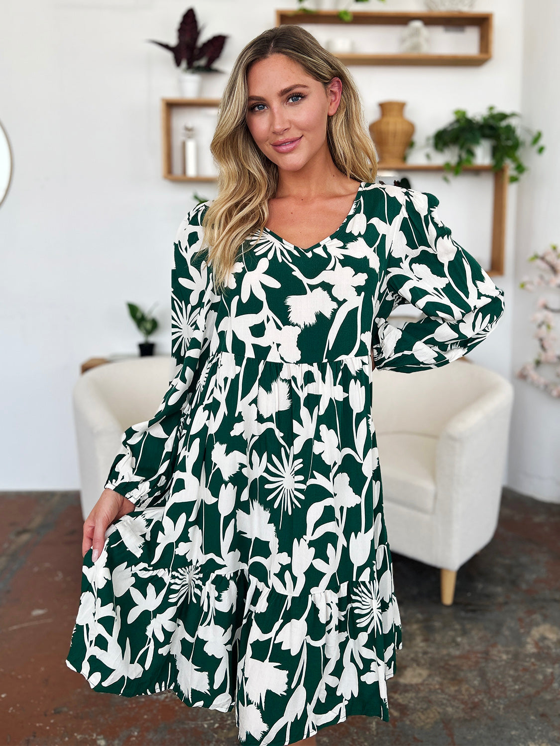Double Take Full Size Printed Ruffle Hem Dress with Pocket Stylish &amp; Functional Women Dress