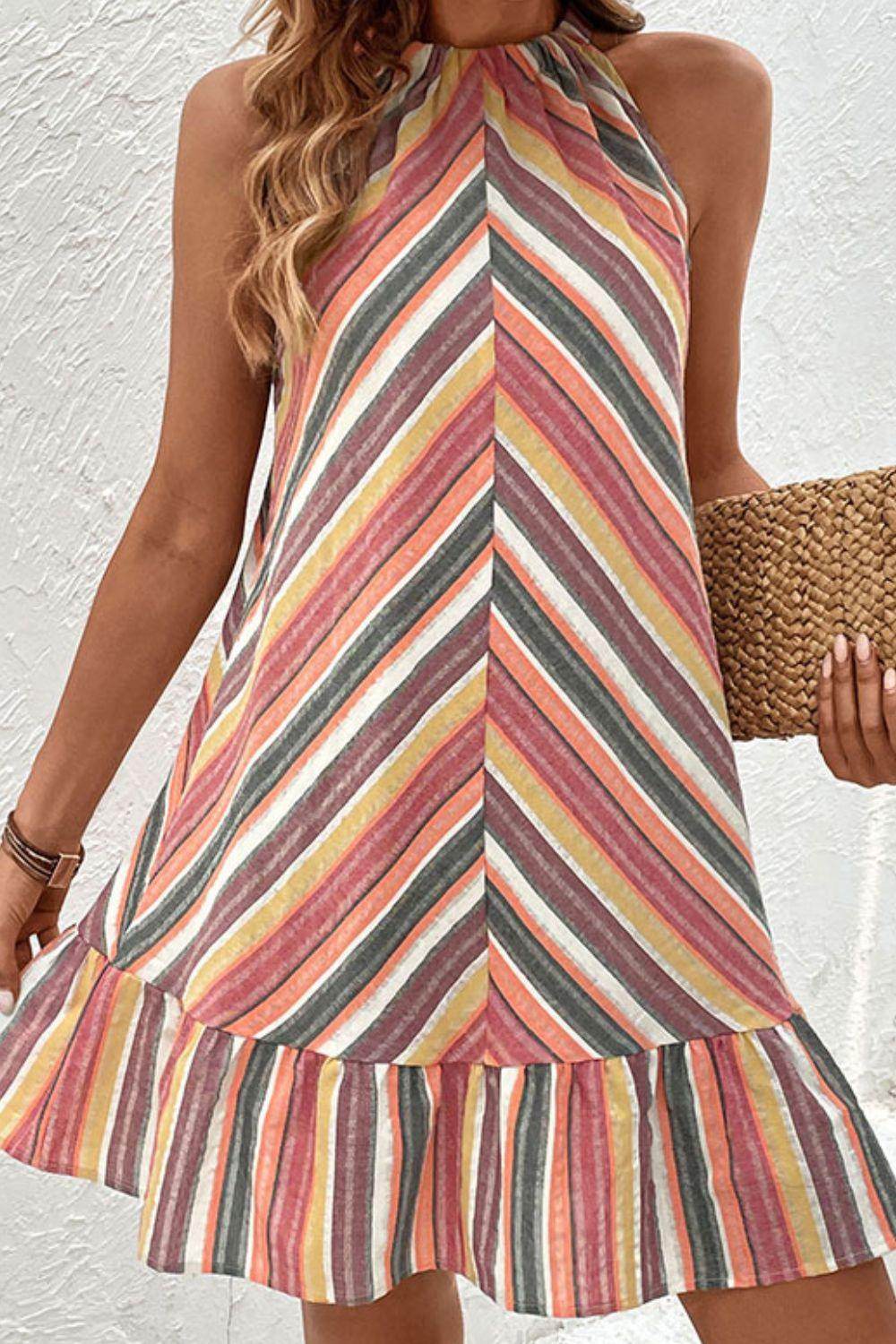 Perfee Striped Round Neck Sleeveless Mini Dress for Women