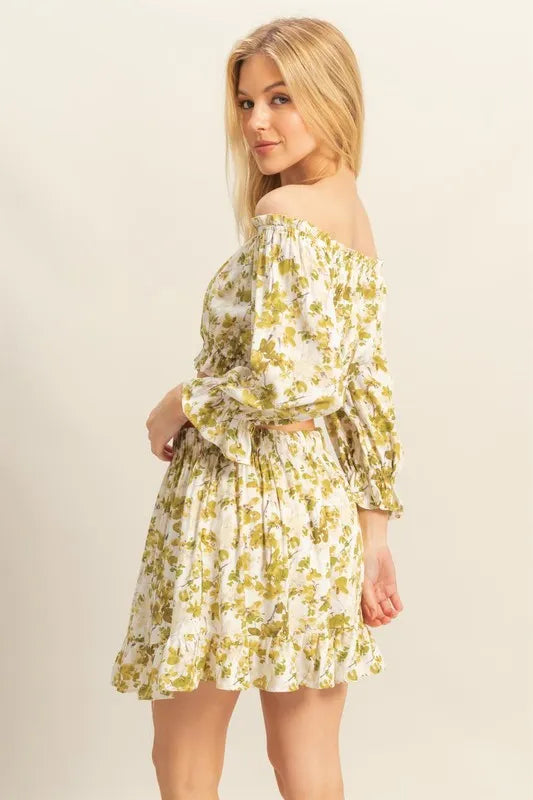 HYFVE Floral Off-Shoulder Flounce Sleeve Top and Skirt Set