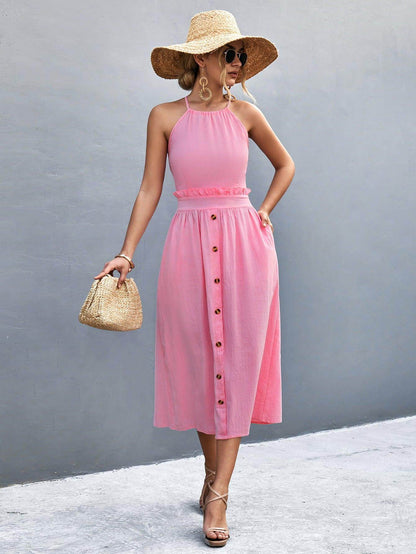 Buttoned Halter Neck Frill Trim Midi Dress for Chic Style