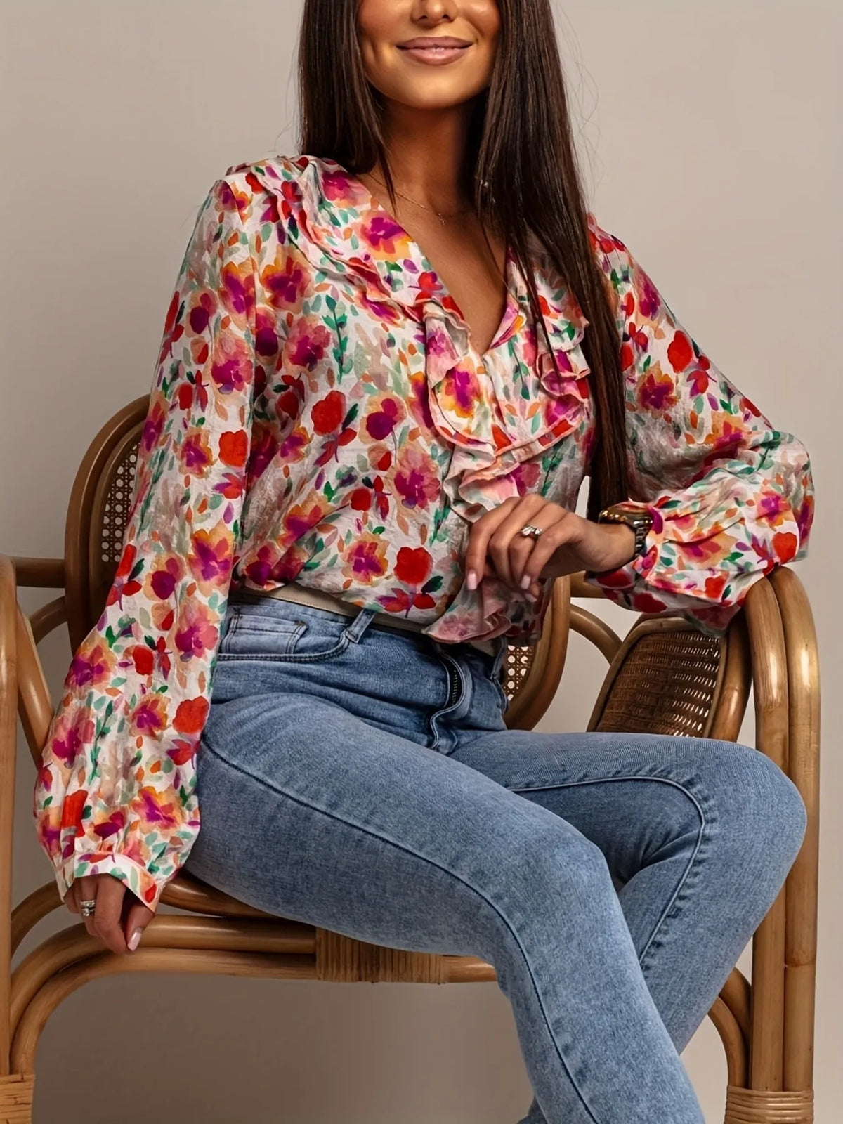 Floral Print Ruffle V-Neck Long Sleeve Blouse