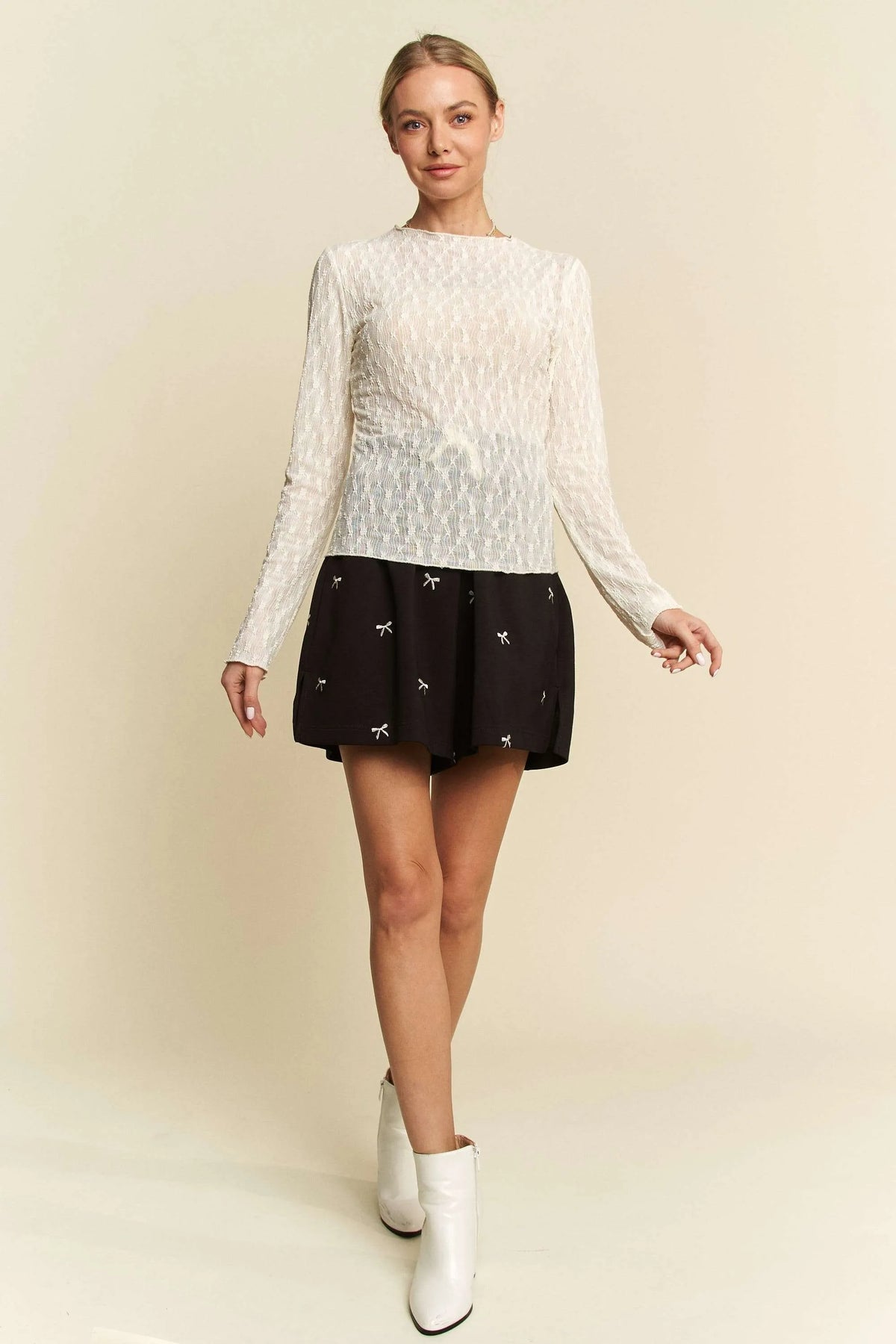 Davi &amp; Dani Long Sleeve Sheer Small Embroidered Bows Lace Top