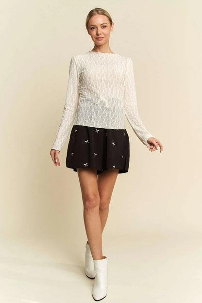 Davi &amp; Dani Long Sleeve Sheer Small Embroidered Bows Lace Top