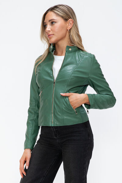 Women Classic Snobbish Faux Leather Zip-Up Drawstring Hooded Jacket Edgy &amp; Casual PU Leather Jacket For Streetwear