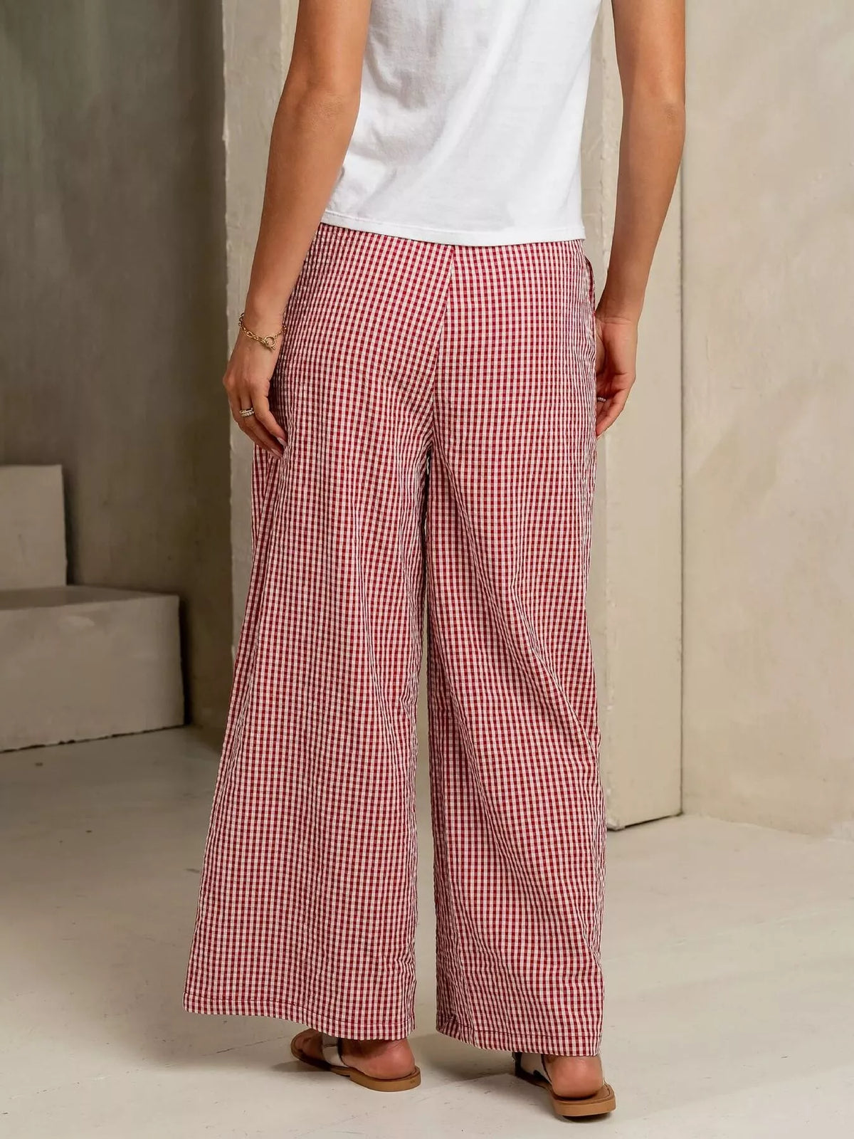 Gingham Print Wide Leg Casual Pants