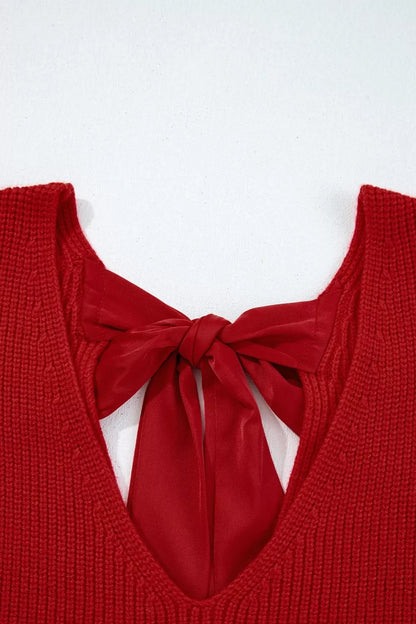 Lantern Sleeve V Neck Knot Back Sweater