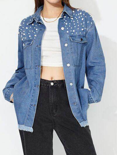 Raw Hem Pearl Trim Collared Neck Denim Top for Women