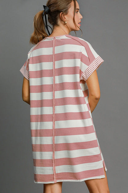 Peace Applique Striped Short Sleeve Mini Dress – Trendy Stripes, Playful Peace Applique, and High-Low Hem for a Chic Casual Look