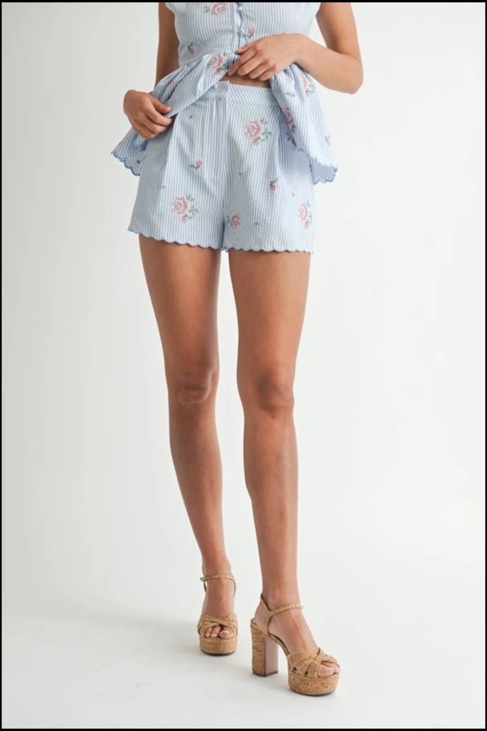 MABLE Stripe Embroidered Peplum Cami and Shorts Set