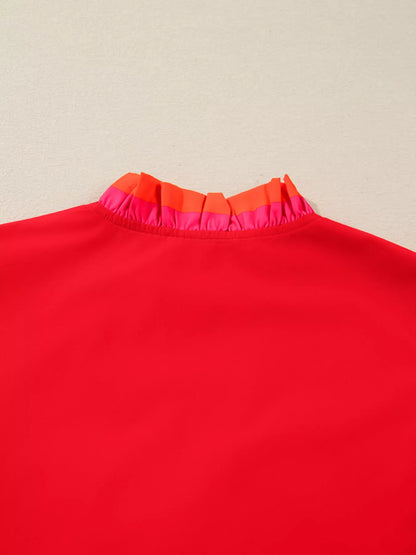 Striped Trim Ruffle Split Neck Long Sleeve Blouse