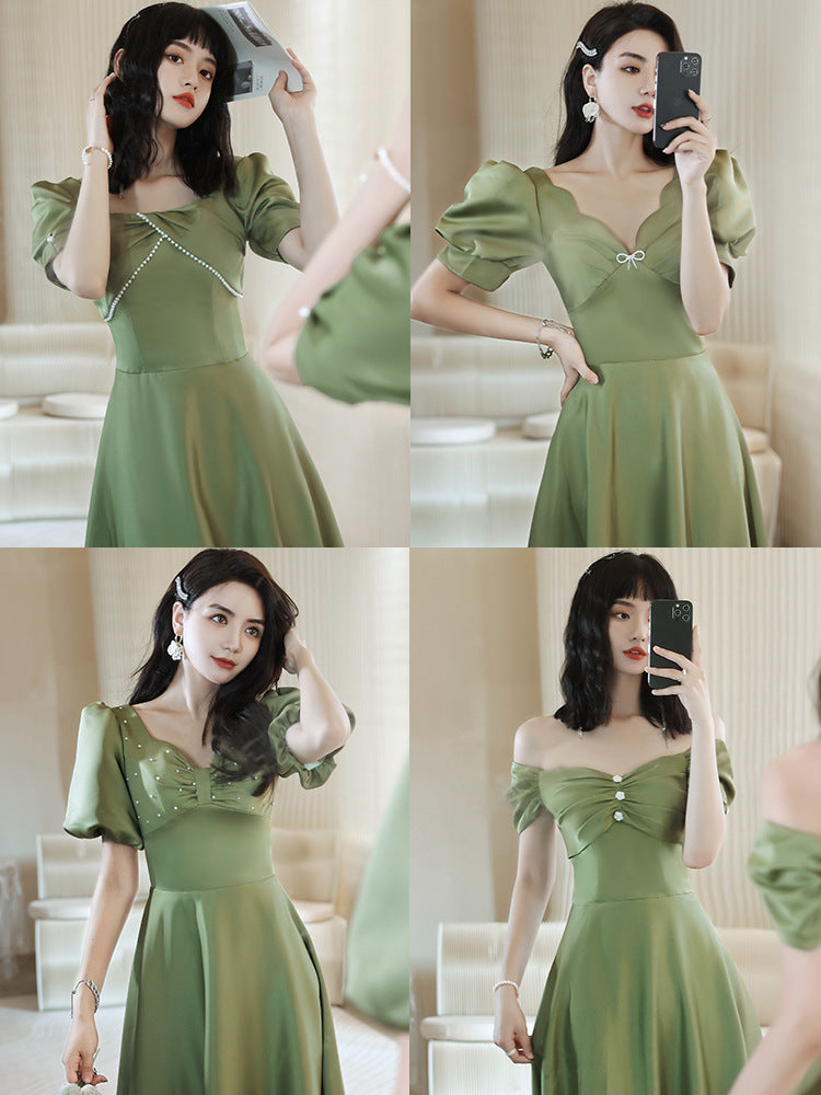 Avocado Green Sisters Group Dress Skirt Women Satin Spring