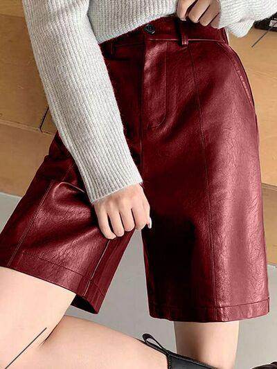 PU Leather High Rise Shorts for Women with Pockets